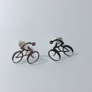 Sterling Silver Road Bike w/Rider Stud Earrings, Unisex Jewelry